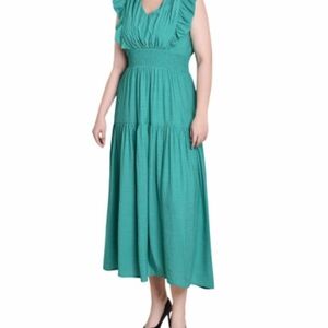 NY Collection Green Ruffle V-Neck Maxi Dress